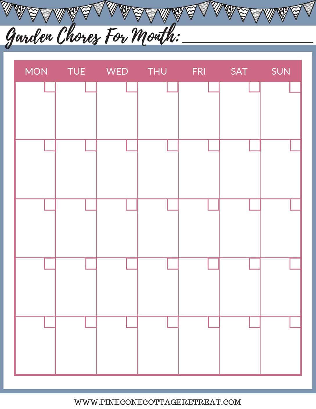 Garden Chores Calendar Printable - Pinecone Cottage Retreat